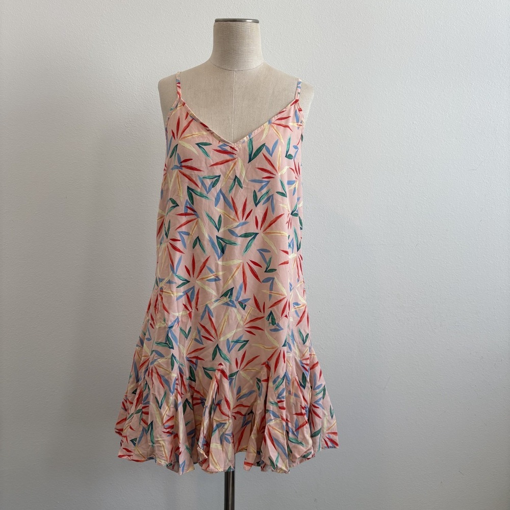 Yumi‎ Kim Slip Sun Dress Women S Pink Ruffle Knee Length Leaf Print Party Beach